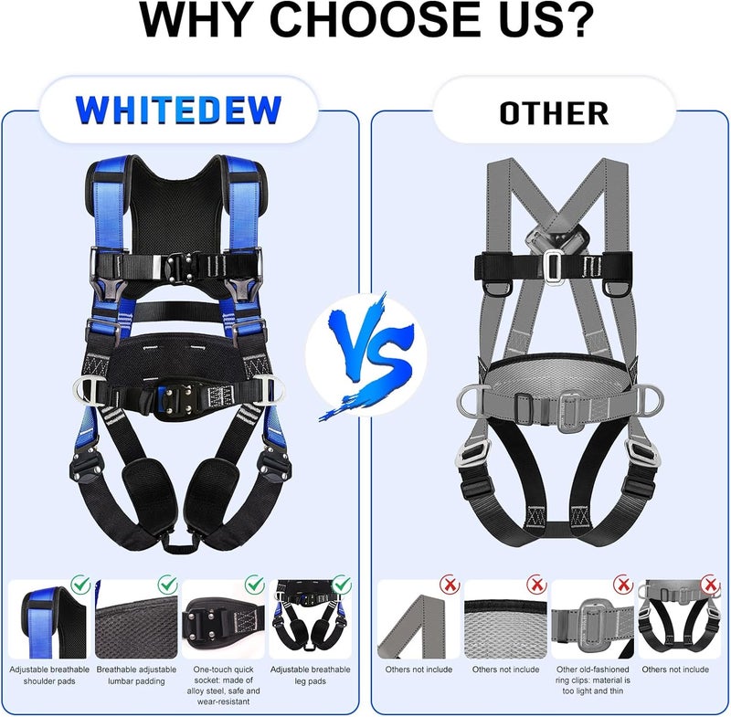 Whitedew Fall Protection Premium Safety Harness with Shock Absorbing Lanyard, Vented & Padded Shoulder, Legs & Back - Upgrade 4 Quick Buckles (Blue) - Image 4